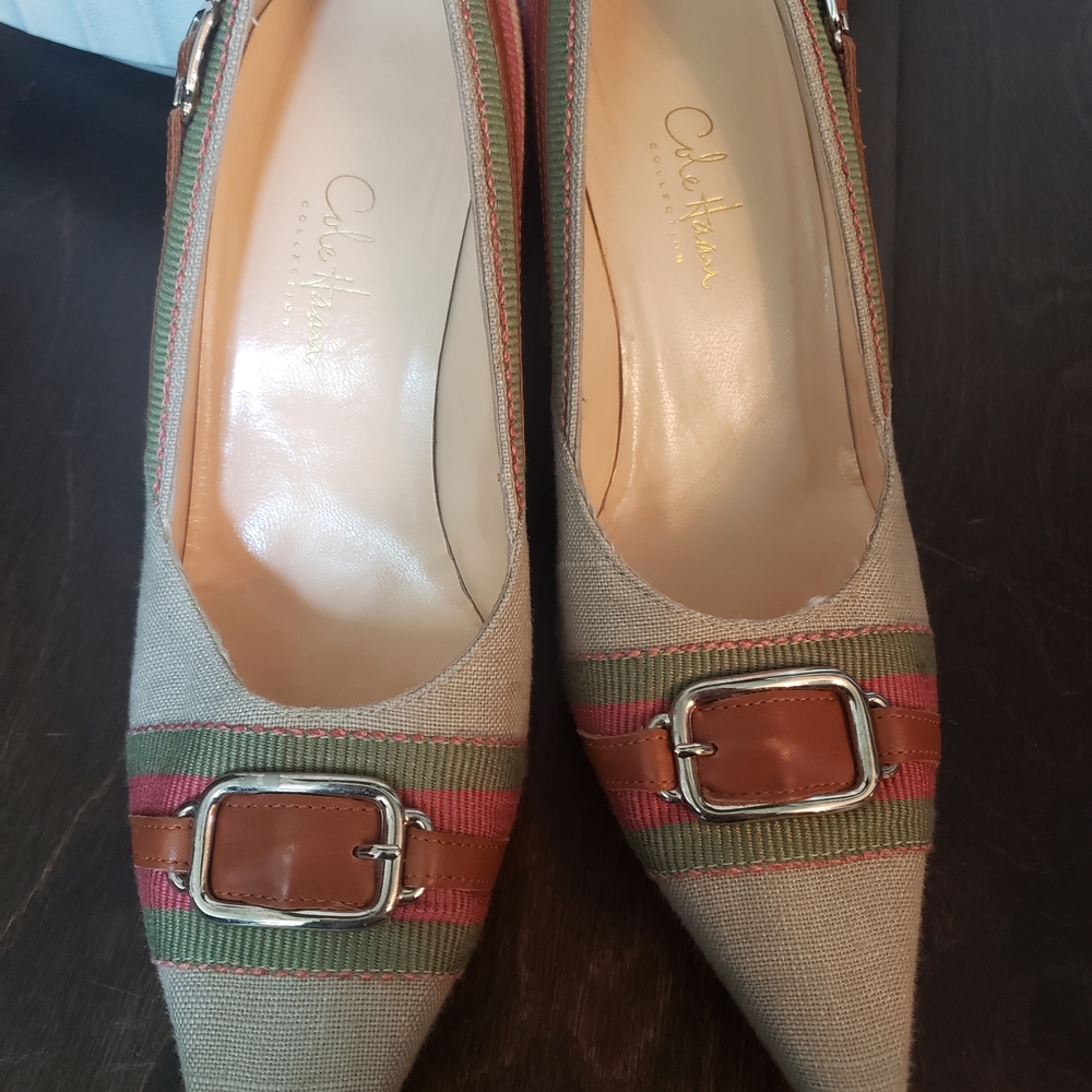 Cole Haan Beige Pointed Toe Heels with Green & Pink Stripe Accents